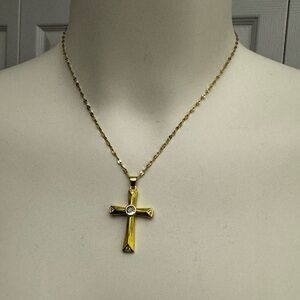 Gold Stainless Steel Cross Pendant Necklace, New